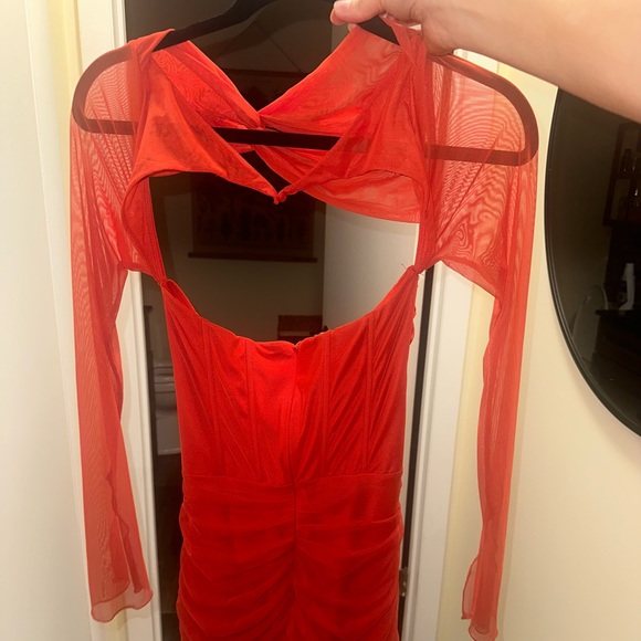 Long Sleeved Ruched Mini Dress in Red - Picture 4 of 11